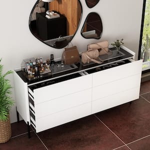 White Wood 6-Drawer, 63 in. W Wood Chest of Drawers Vanity, Console Table With Glass Top