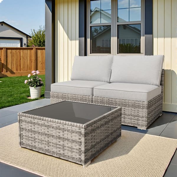 XIZZI Charm 3 Pieces Wicker Patio Conversation Seating Sofa Set with Grey Cushions and Coffee Table