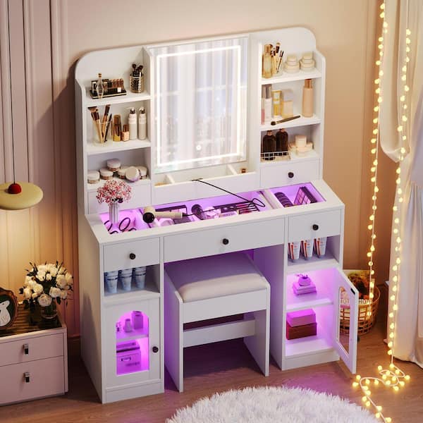 2-Piece White Makeup Vanity Set with Stool, LED Mirror and Lights, Glass Top, RGB Glass Light Cabinets, Drawers