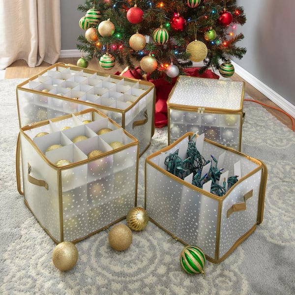 Stores up to 64 Holiday Ornaments Zippered Closure with Two Handles Christmas Ornament Storage Attractive Storage Box Keeps Holiday Decorations Clean and Dry for Next Season. Adjustable Dividers Stores up to 64 Holiday Ornaments Zippered Closure with Two Handles Christmas Ornament Storage Attractive Storage Box Keeps Holiday Decorations Clean and Dry for Next Season. Adjustable Dividers