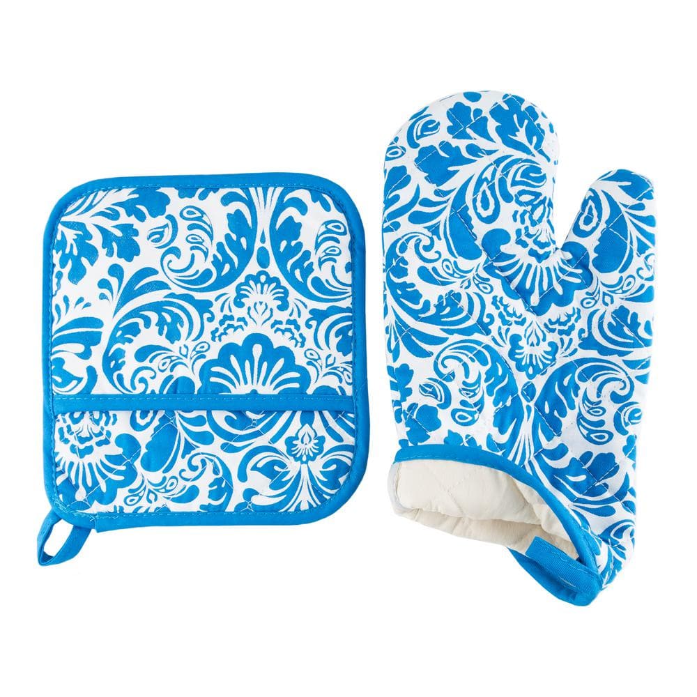 Blue and White Cotton Quilted Oven Mitt and Pot Holder Set