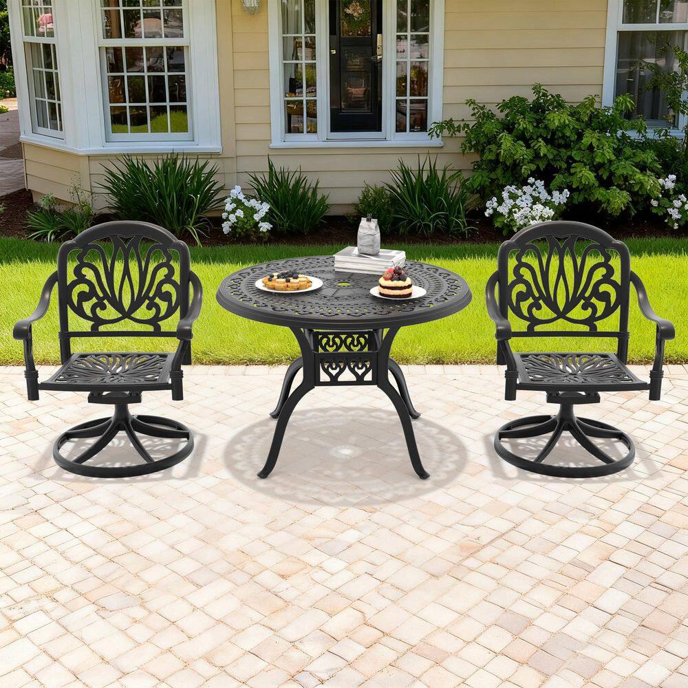 Black 3-Piece Cast Aluminum Patio Outdoor Dining Set with 2 Swivel Rockers with Brown Cushions and 39.37 in. Round Table price history on PriceWatchPro
