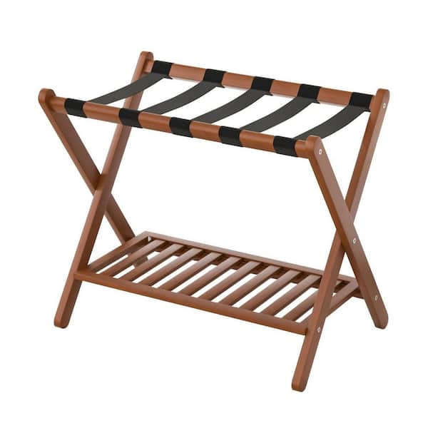 Chestnut Brown Solid Bamboo Foldable Luggage Rack with Storage Shelf, Suitcase Stand for Guest Room Hotel