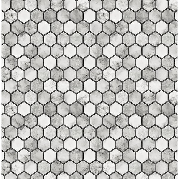 NextWall Faux Carrara and Wrought Iron Marble Hexagon 20.5 in. x 18 ft. Peel and Stick Wallpaper