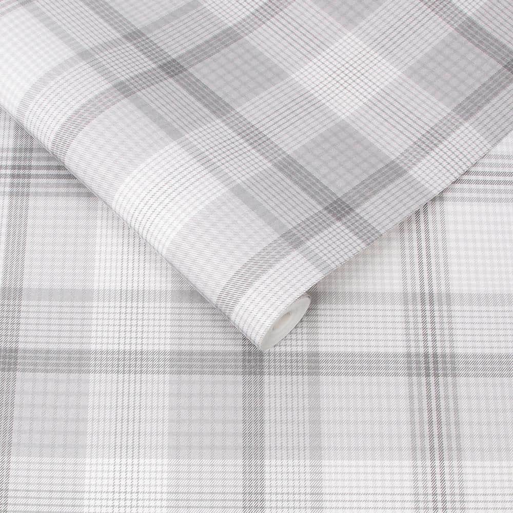 Heritage Plaid Grey and White Matte Finish Wallpaper