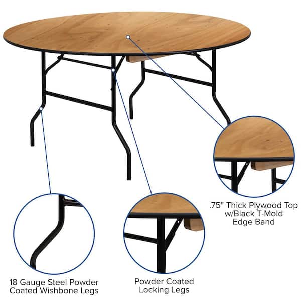 Furman 60 in. L Round Natural Wood Top with Clear Coated Finished Top Folding Table