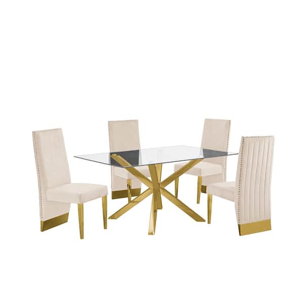 Tom 5-Piece Rectangle Glass Top with Gold Stainless Steel Base Table Set with 4-Cream Velvet Chair W/ Nail Head Trim