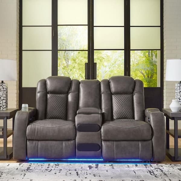 Fyne-Dyme 74 in. Solid Faux Leather 2 Seat Power Reclining Loveseat with Console USB Ports and Speakers in Gray