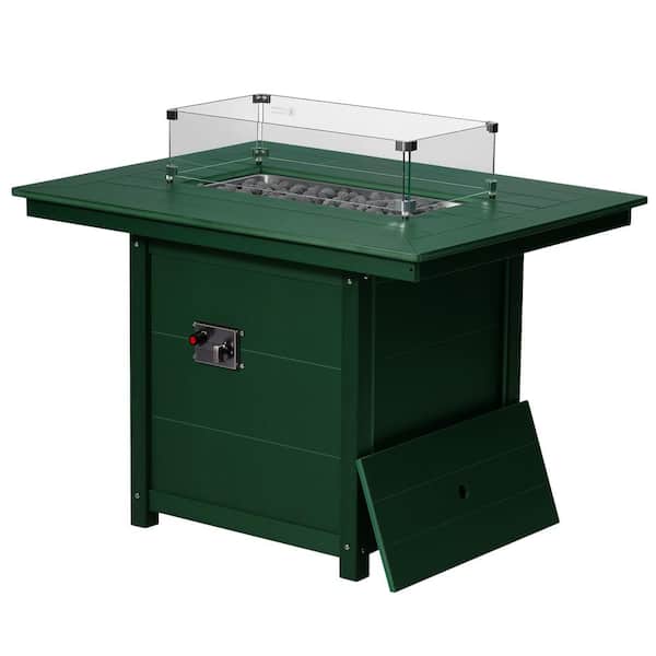 Bloomfield Rectangular 34" X 46" Outdoor Propane Gas Fire Pit Table with Glass Wind Guard Lid, Lava Rocks, Dark Green