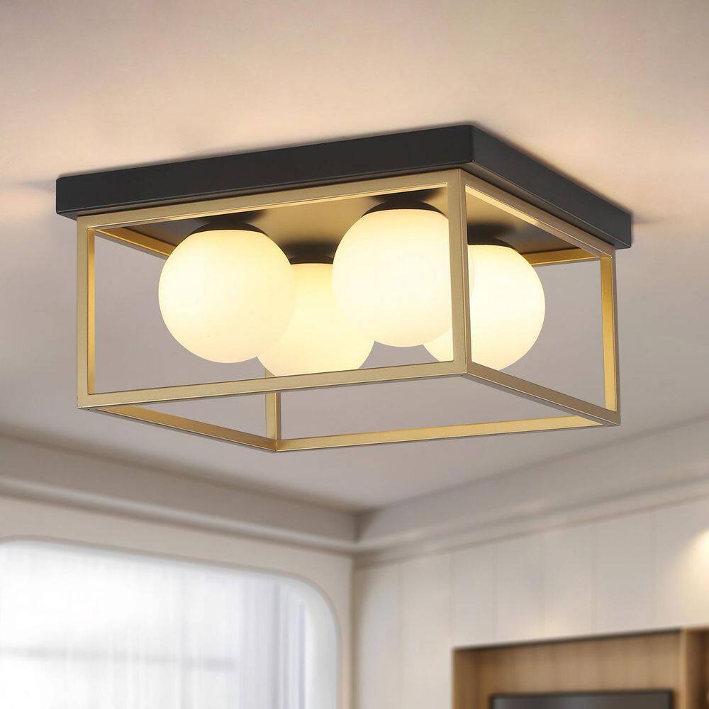 12 in. 25-Watt Farmhouse Rustic Square Gold Flush Mount Ceiling Light with Globe Frosted Glass Shade for Kitchen Bedroom price history on PriceWatchPro