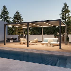 LED Patio 12 ft. x 20 ft. Grey All Aluminum Adjustable Louvered Roof and Gutter System Pergola