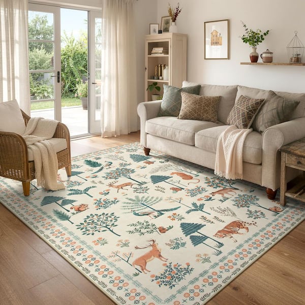 Jungle Animal Design Machine Washable Non Slip Beige 5 ft. x 7 ft. Living Room/Bedroom/Kid Room Area Rug
