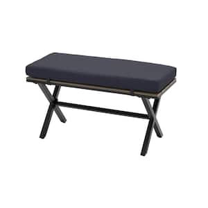 Laguna Point Brown Steel Wood Top Outdoor Patio Bench with CushionGuard Midnight Navy Blue Cushions