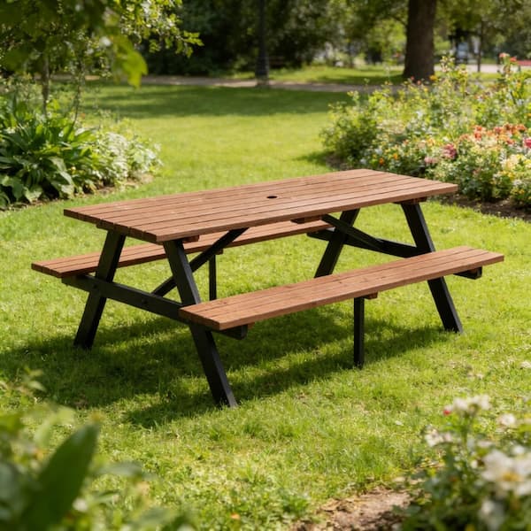 75" Outdoor Solid Wood Picnic Table Set, 2200 Lbs High Weight Capacity, Rustic Brown, Heavy-Duty with Umbrella Hole