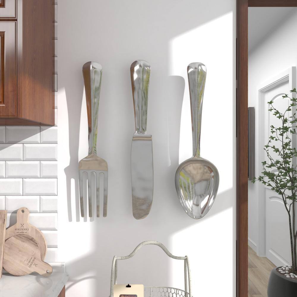4" x 23" Set of 3 Aluminum Utensils Knife, Spoon and Fork Wall Decors Silver - Olivia & May