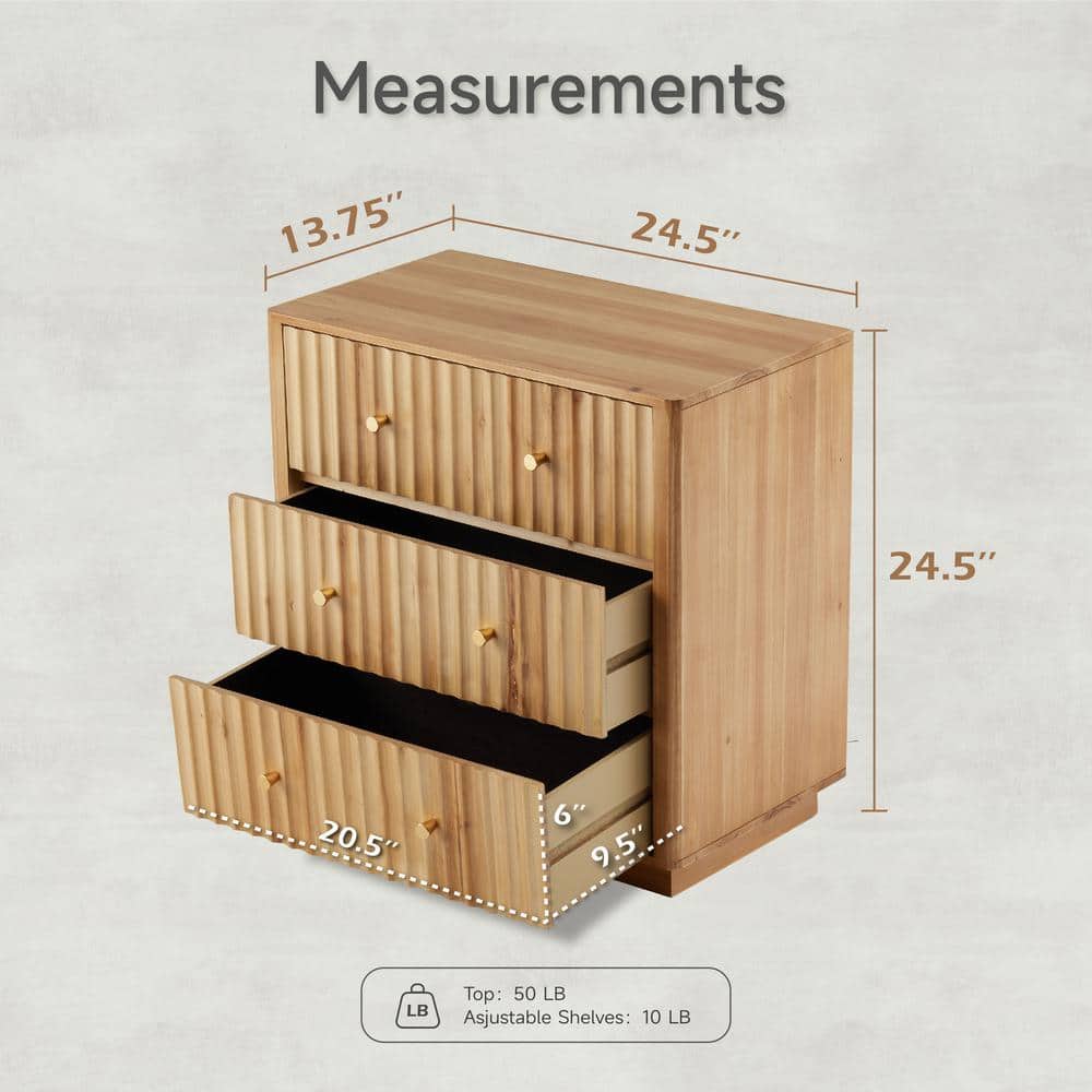 Natural Pine 3-Drawer Farmhouse Dresser with Vertical Wave Design
