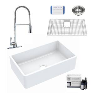 Turner 30 in. Farmhouse Single Bowl Crisp White Fireclay Kitchen Sink with Zuri Faucet Kit
