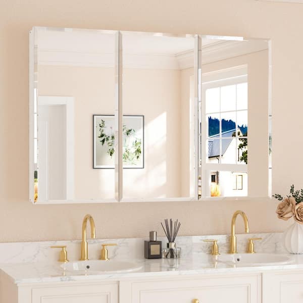 48 in. W x 32 in. H Rectangular Beveled Frameless Metal White Surface Mount/Recessed Medicine Cabinet with Mirror