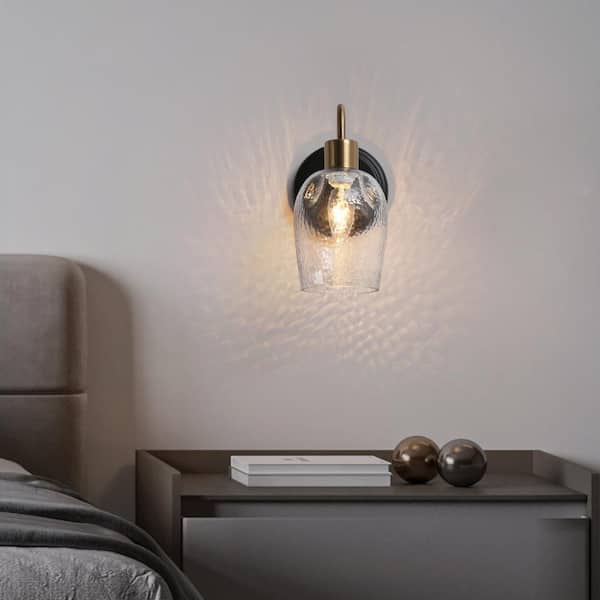 Modern 4.7 in. 1-Light Brass Gold Bathroom Vanity Lighting, Black Wall Sconce, Indoor Wall Light with Bell Hammer Glass