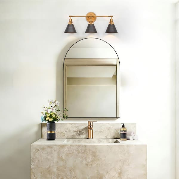 25.5 in. 3-Light Brushed Vintage Gold Industrial Vanity Light with Gray Metal Shades Bathroom Powder Room Wall Sconce