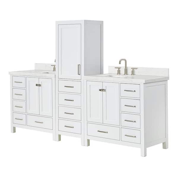 Cambridge 3-Piece 92 in. Wide Double Sink Bath Vanity And Linen Cabinet Set In White With Carrara White Quartz Top