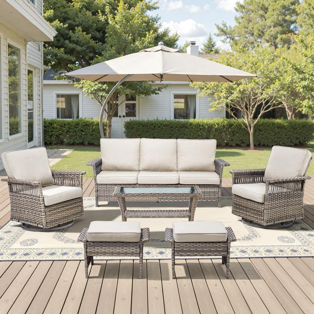 GliderNet 6-Piece Gray Wicker Patio Conversation Set with Swivel Glider Chairs and Olefin Beige Cushions price history on PriceWatchPro