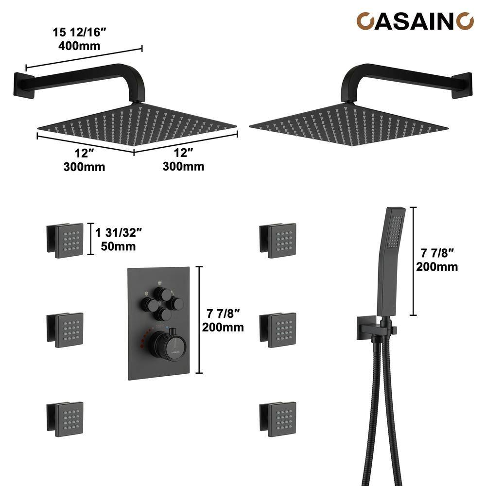 Matte Black Dual Shower Head Thermostatic System with Body Jets