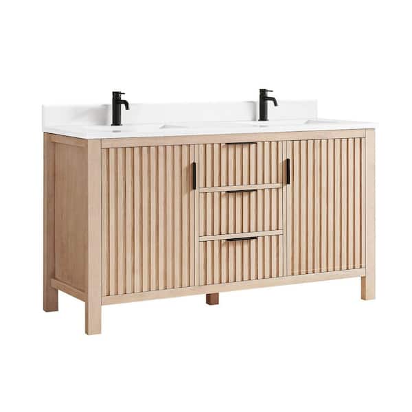 Shenzhen 60 in.W x 22 in.D x 33.9 in.D Double Bath Vanity in Aged Natural Oak with White Engineered Stone Top