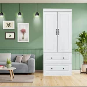 White Wooden 74 in. H x 31 in. W x 20 in. D Bedroom Armoire Wardrobe Closet 2 Doors with 2 Drawers