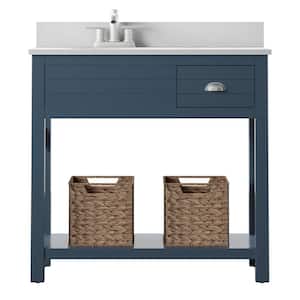 36 in. W x 20 in. D Open Bath Vanity with Baskets in Blue with Marble Top in White with White Basin