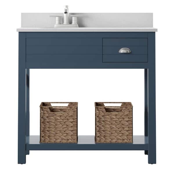 Twin Star Home 36 in. W x 20 in. D Open Bath Vanity with Baskets in Blue with Marble Top in White with White Basin