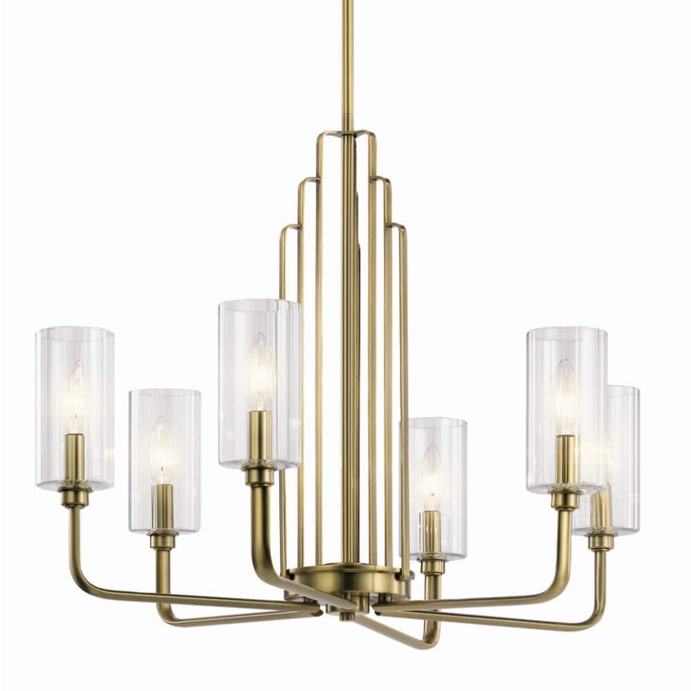 Art Deco Brushed Brass 6-Light Chandelier with Etched Clear Glass