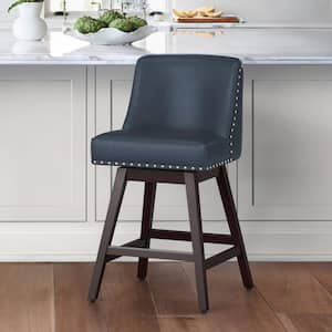 26 in. Navy Blue Solid Wood 360 Free Swivel Upholstered Counter Bar Stool with Back, Performance Faux Leather Bar Stool