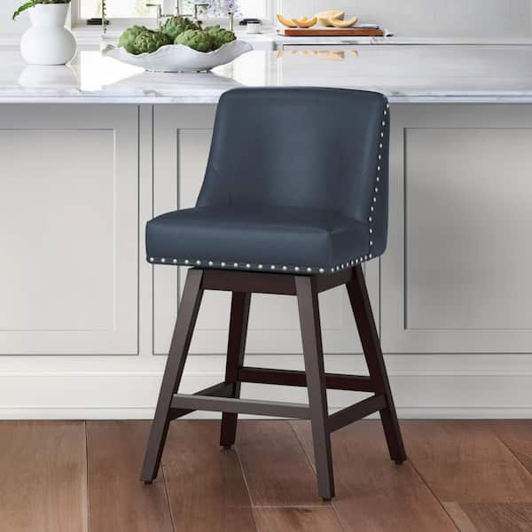 OrangeOne 26 in. Navy Blue Solid Wood 360 Free Swivel Upholstered Counter Bar Stool with Back, Performance Faux Leather Bar Stool