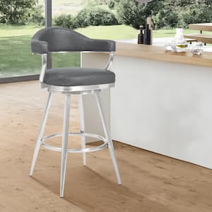 Amador 26 in. Brushed Stainless Steel and Vintage Grey Faux Leather Counter Height Bar Stool