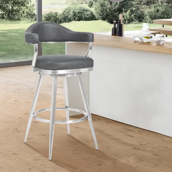 Armen Living Amador 26 in. Brushed Stainless Steel and Vintage Grey Faux Leather Counter Height Bar Stool