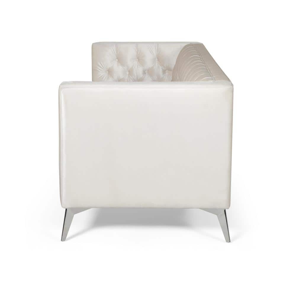 Beige Velvet Tufted Tuxedo 3-Seater Sofa with Wood Frame