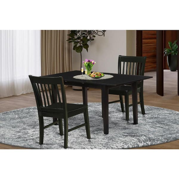 East West Furniture 3-Piece Black Finish Rectangular Solid Wood Top with Butterfly Leaf Dining Table Set