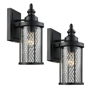 Stewart 12 in. 1-Light Black Outdoor Wall Light Fixture with Mesh Frame and Clear Glass (2-Pack)