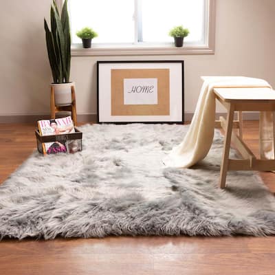 Wondo Soft Shag Faux Fur Sheepskin Area Rugs for Bedroom Home Decor Floor Sofa Couch Fluffy Carpet Chair Cover Cushion 2ft x 3ft,Grey 