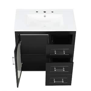 30 in. W Single Sink Freestanding Bath Vanity in Black with White Ceramic Top, 2 Drawers and Door