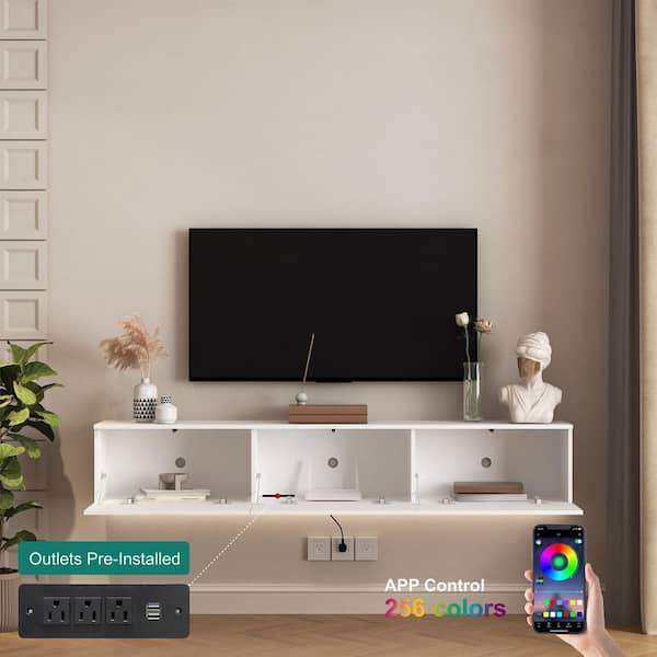 69 in. W x 11.8 in. D White MDF Wood Floating TV Stand Shelves Decorative Wall Shelf with Lights and Power Outlet