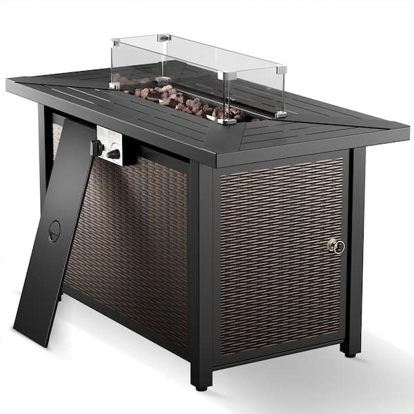 Pure Iron Series 43 In. 50000 BTU Square Brown Rattan Propane Outdoor Fire Pit Table with Windshield