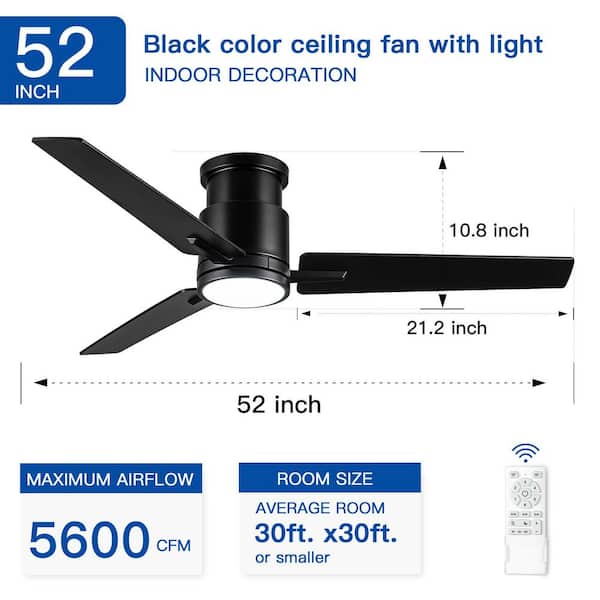 Keazile 52 in. Modern Black Ceiling Fan Downrod Mount with 3