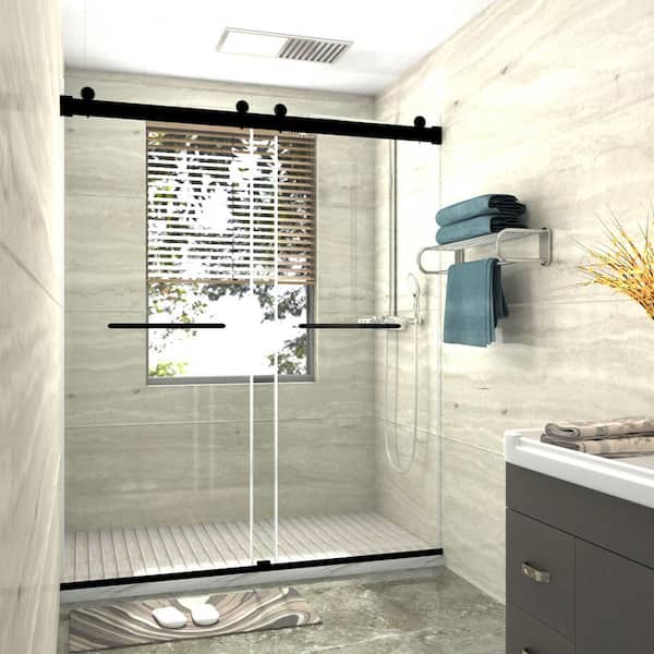 Satico 76 in. W x 76 in. H Freestanding Double Sliding Frameless Shower Enclosure in Matte Black