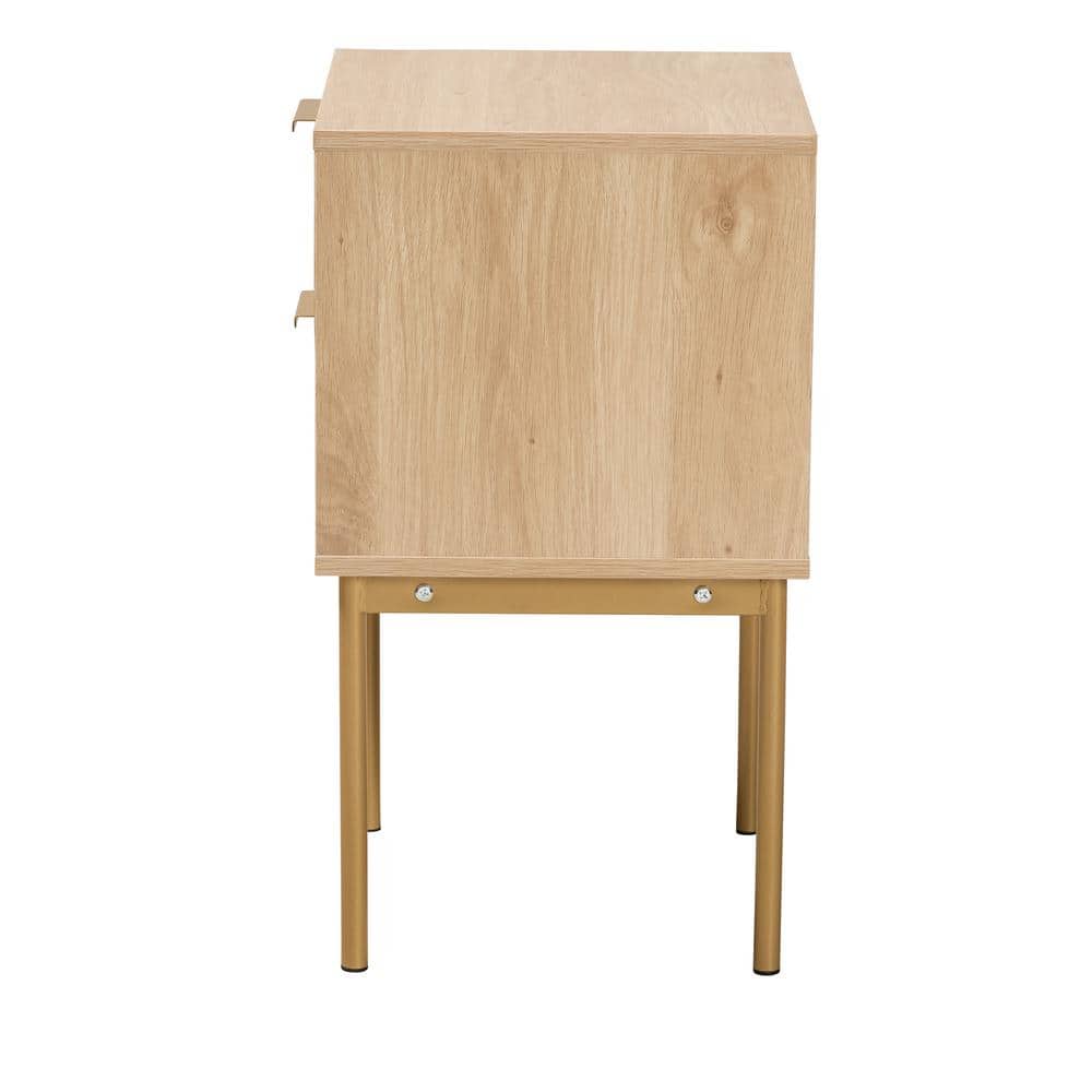 Japandi Light Brown Wood and Gold Metal 2-Drawer End Table with Rattan Fronts