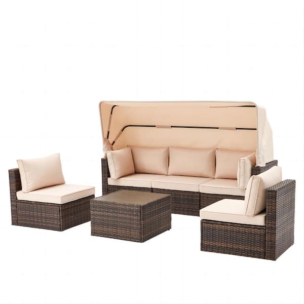 DENISLAWN Brown Wicker Outdoor Patio Furniture Set, 6-Piece Sectional Sofa with Canopy, Table and Khaki Cushion