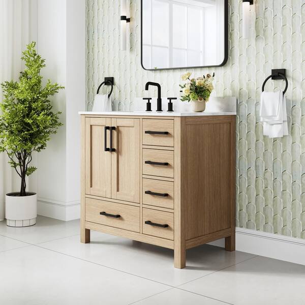 36 in. Freestanding Oak Solid Wood Bath Vanity with Durable Carrara White Cultured Marble Top, Soft-Close, Assembled