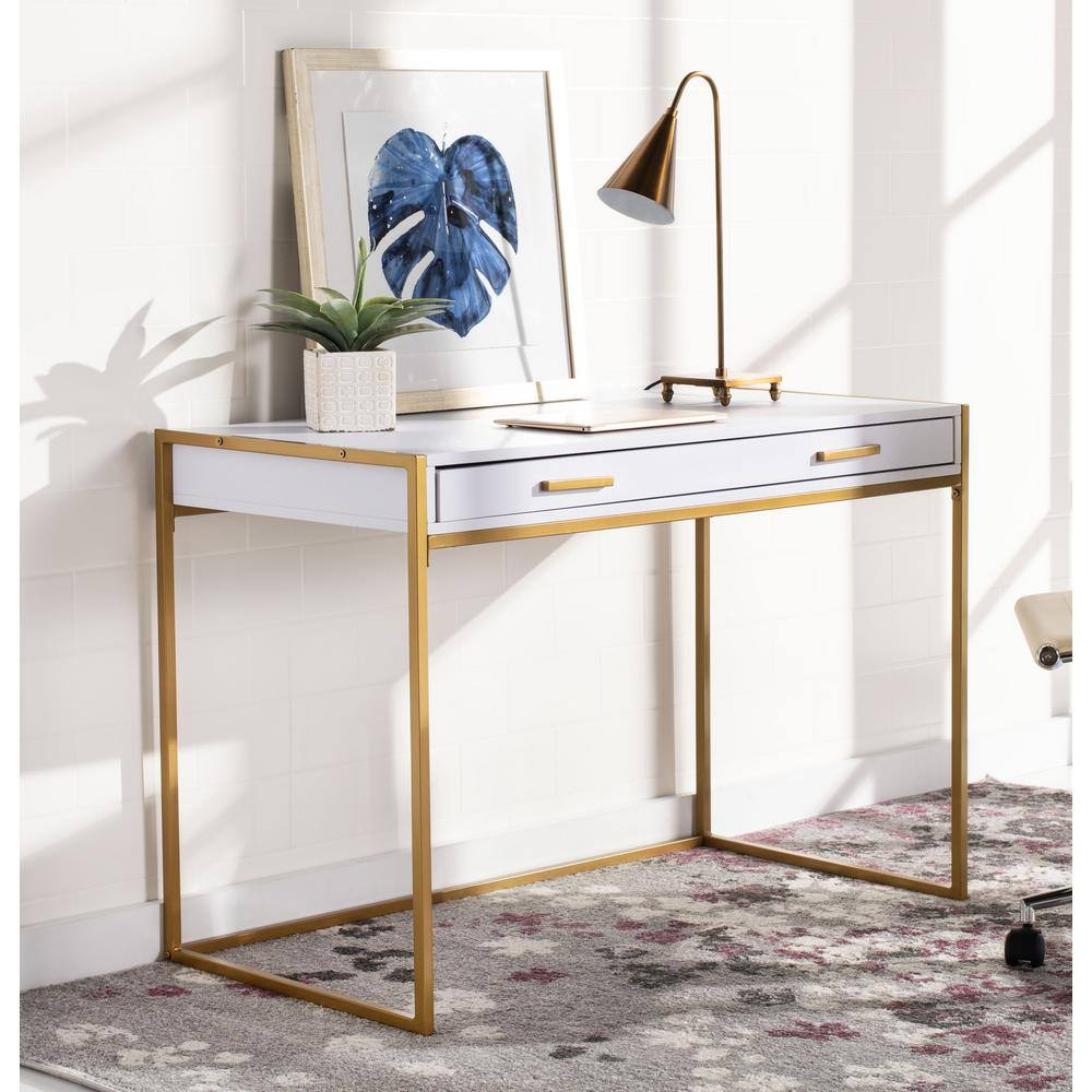 Elodie White and Gold Wood Home Office Desk with Drawer