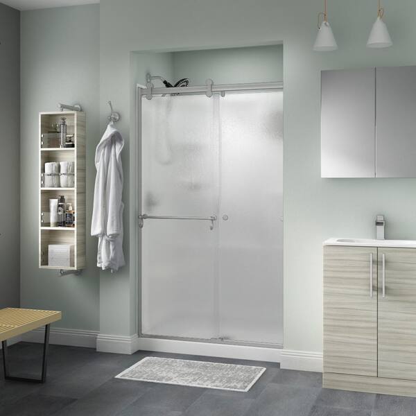 Delta Portman Contemporary 43-3/8 to 47-3/8 in. W x 71 in. H Frameless Sliding Shower Door, Nickel, Rain Glass